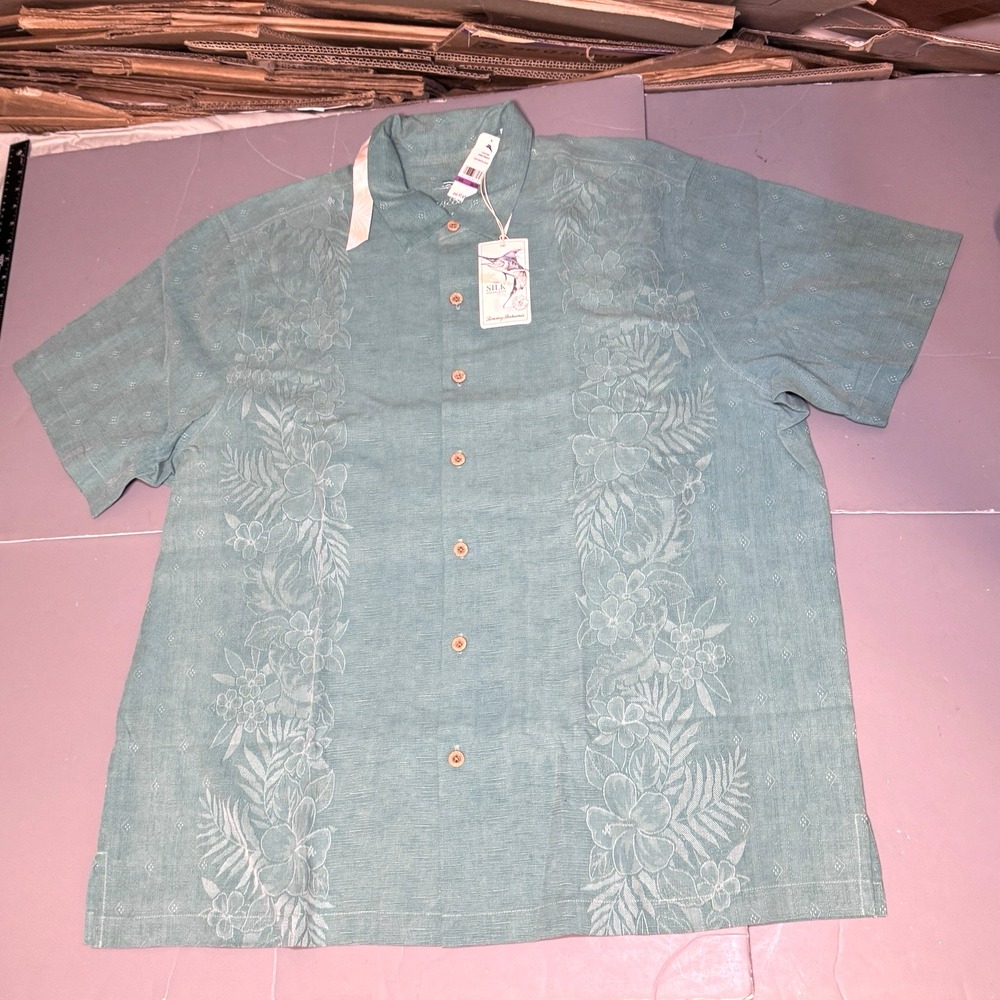 Tommy Bahama Kona Luxe Border Camp Shirt XXL Bristol Blue Green Flaw